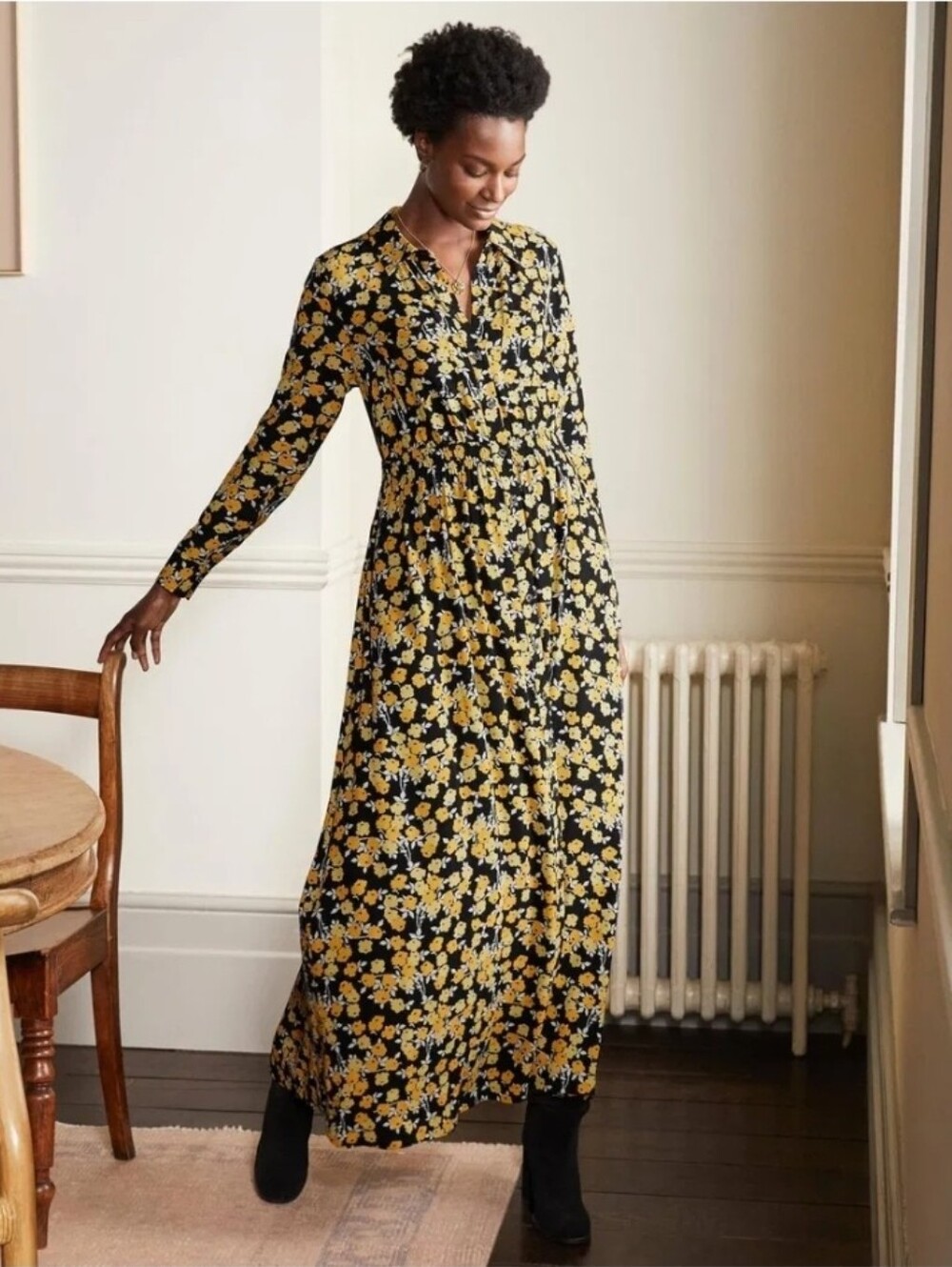 Boden Black Maxi Shirt Dress with Yellow Floral Print - Size 16/18R